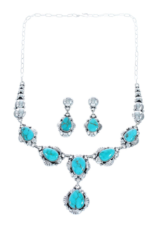 Genuine Sterling Silver Turquoise Navajo Link Necklace And Earrings Set NN20320